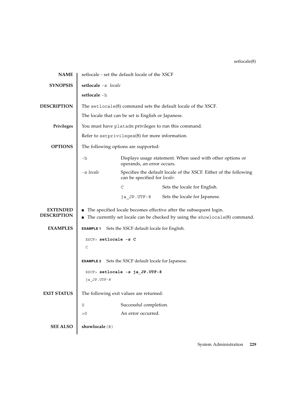 Setlocale | FUJITSU SPARC ENTERPRISE M9000 User Manual | Page 253 / 560