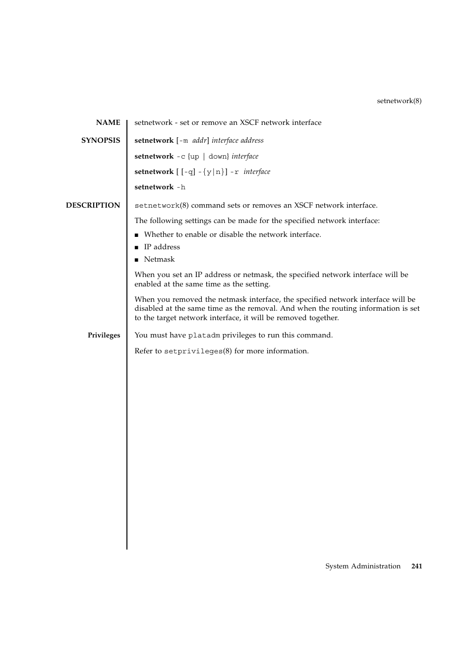 Setnetwork | FUJITSU SPARC ENTERPRISE M9000 User Manual | Page 265 / 560