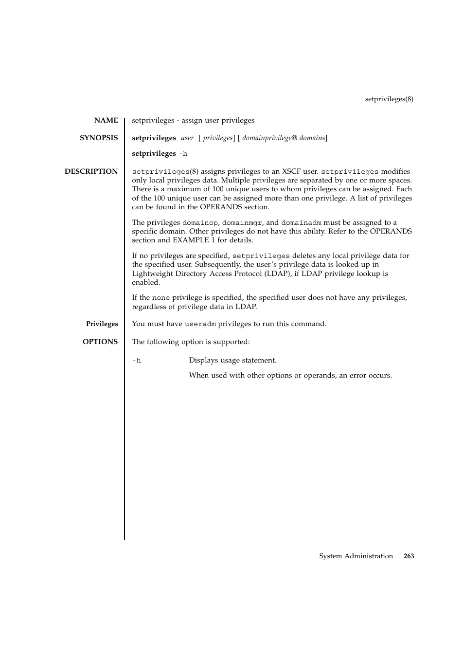 Setprivileges | FUJITSU SPARC ENTERPRISE M9000 User Manual | Page 287 / 560