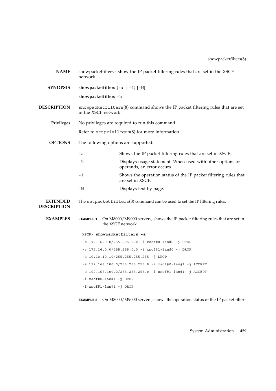 Showpacketfilters | FUJITSU SPARC ENTERPRISE M9000 User Manual | Page 483 / 560