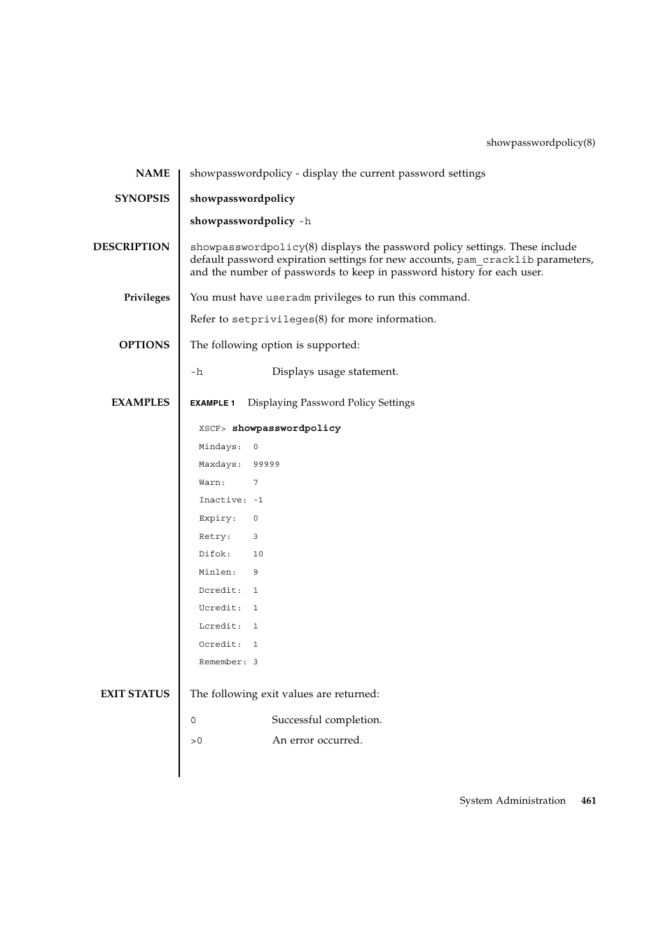 Showpasswordpolicy | FUJITSU SPARC ENTERPRISE M9000 User Manual | Page 485 / 560