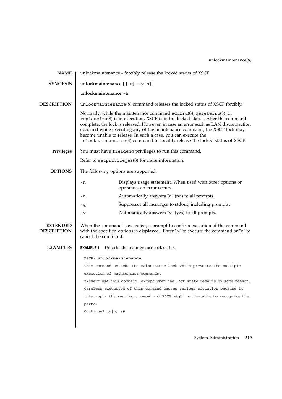 Unlockmaintenance | FUJITSU SPARC ENTERPRISE M9000 User Manual | Page 543 / 560