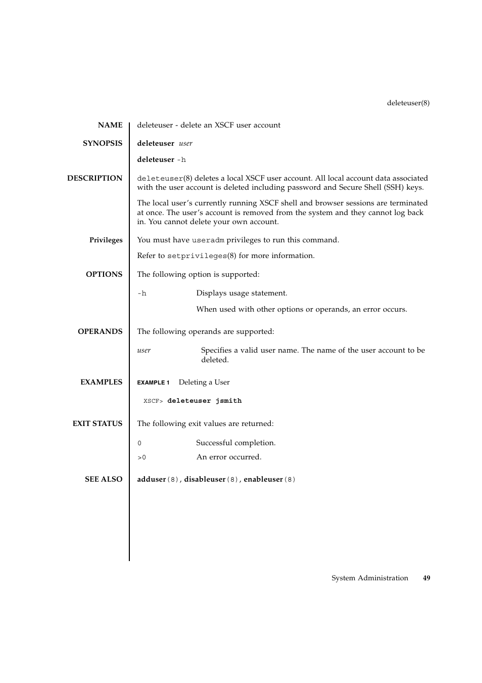 Deleteuser | FUJITSU SPARC ENTERPRISE M9000 User Manual | Page 73 / 560