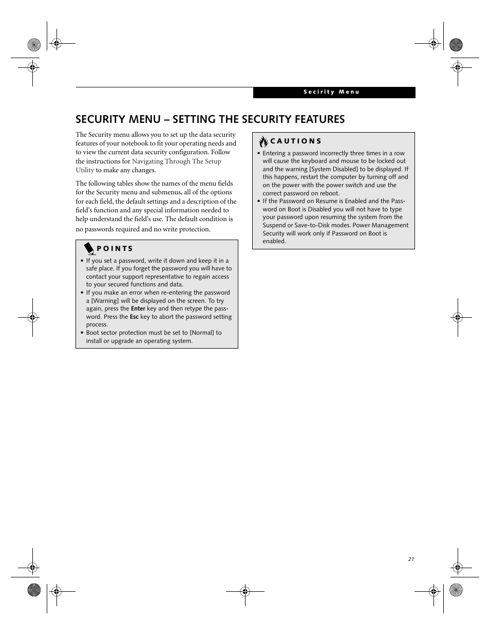 Security menu – setting the security features | FUJITSU B-2566 User Manual | Page 21 / 35