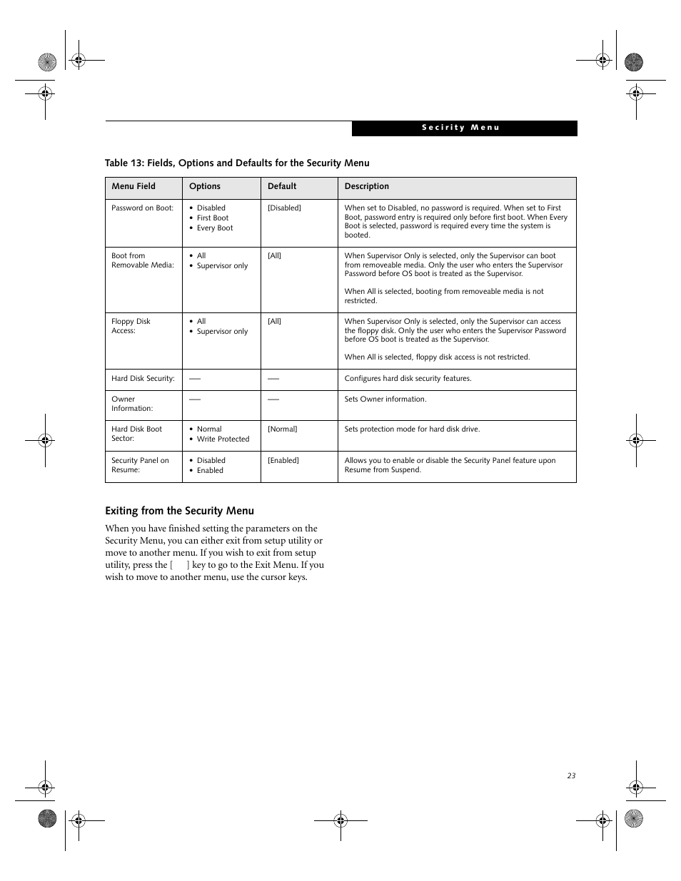Exiting from the security menu | FUJITSU B-2566 User Manual | Page 23 / 35