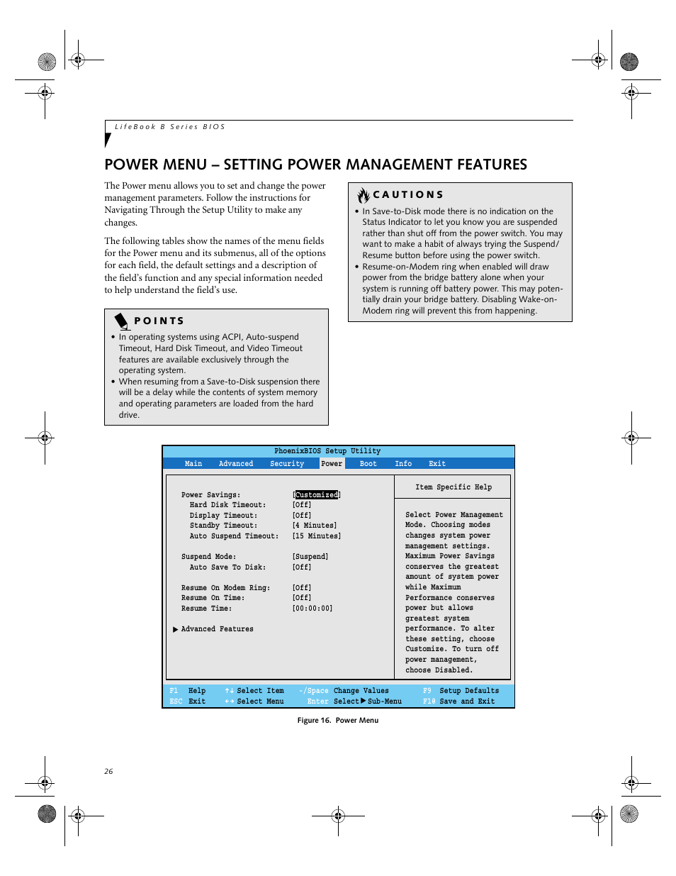 Power menu – setting power management features | FUJITSU B-2566 User Manual | Page 26 / 35