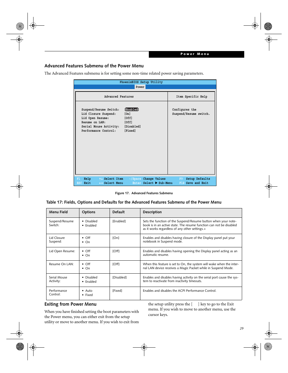 Advanced features submenu of the power menu, Exiting from power menu | FUJITSU B-2566 User Manual | Page 29 / 35