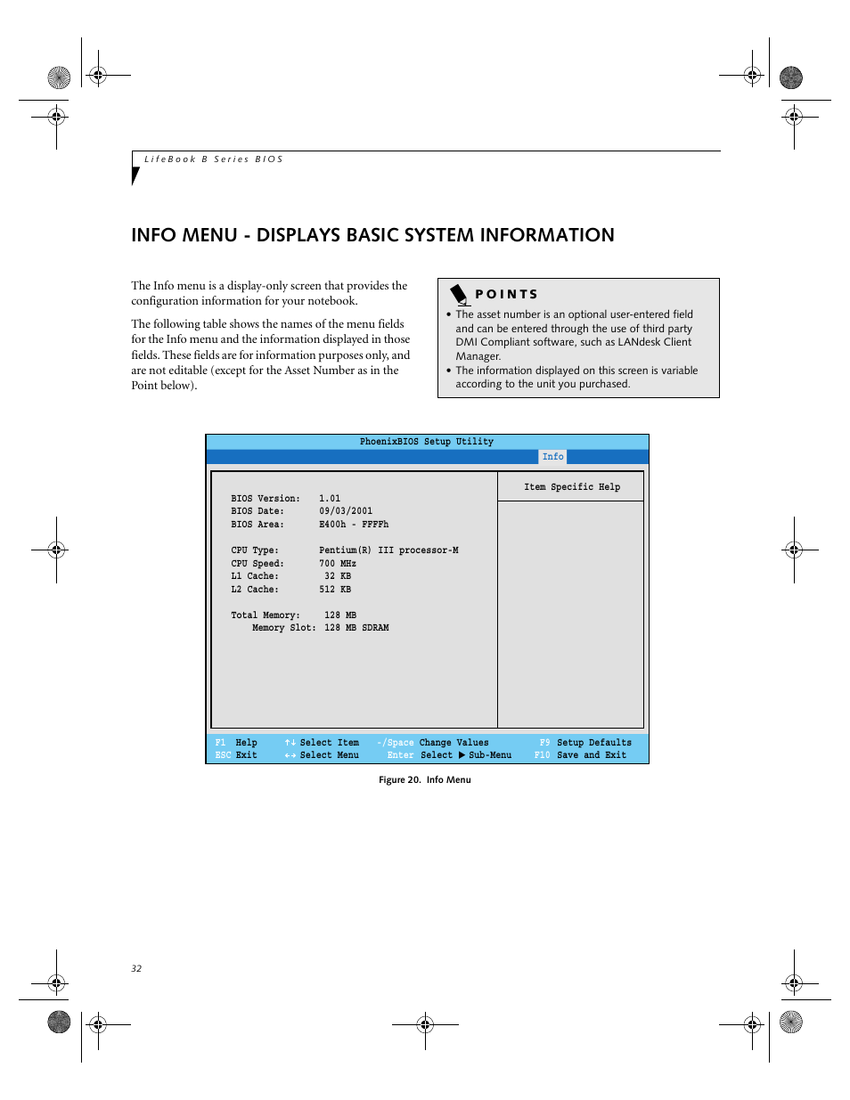 Info menu - displays basic system information | FUJITSU B-2566 User Manual | Page 32 / 35