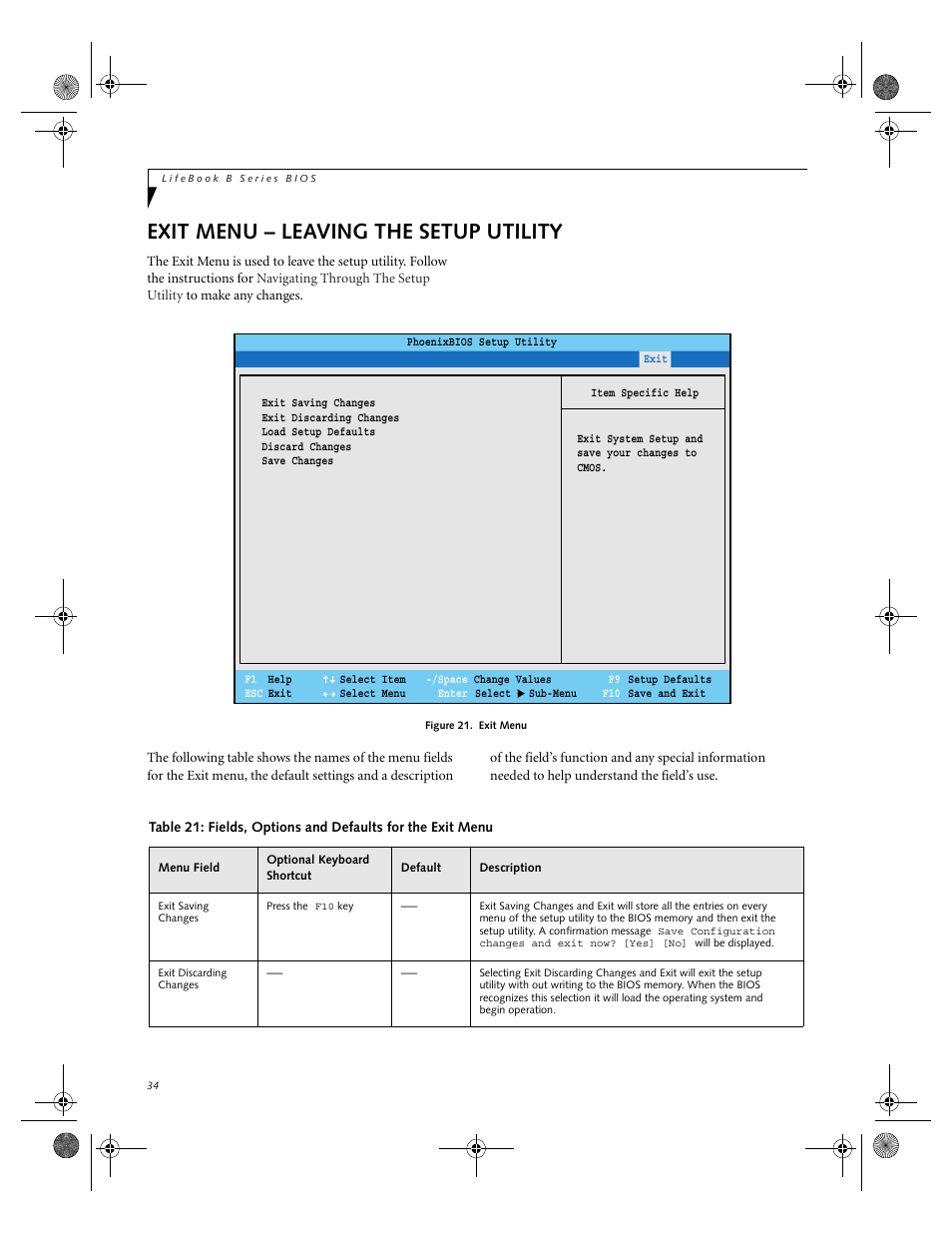 Exit menu – leaving the setup utility | FUJITSU B-2566 User Manual | Page 34 / 35