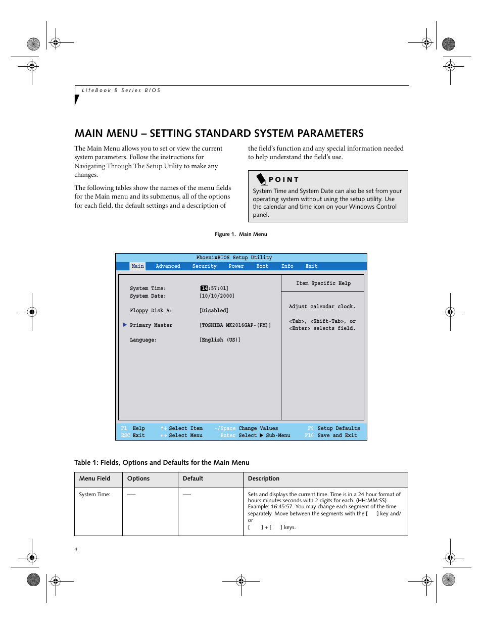 Main menu – setting standard system parameters | FUJITSU B-2566 User Manual | Page 4 / 35