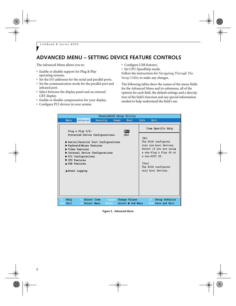 Advanced menu – setting device feature controls | FUJITSU B-2566 User Manual | Page 8 / 35