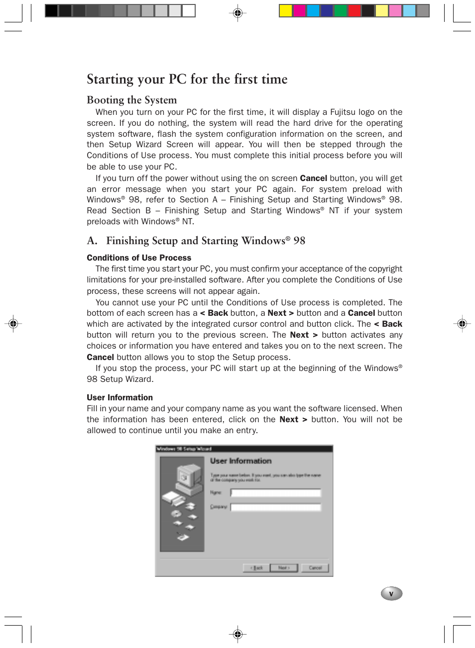 Starting your pc for the first time, Booting the system, A. finishing setup and starting windows | FUJITSU DESKPOWER 2000 User Manual | Page 5 / 50