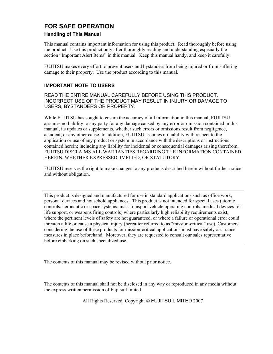 For safe operation | FUJITSU MHW2060AC User Manual | Page 2 / 278