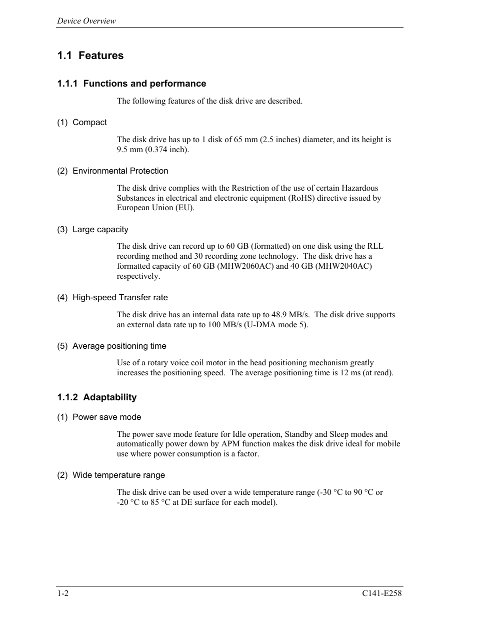 1 features, 1 functions and performance, 2 adaptability | FUJITSU MHW2060AC User Manual | Page 24 / 278