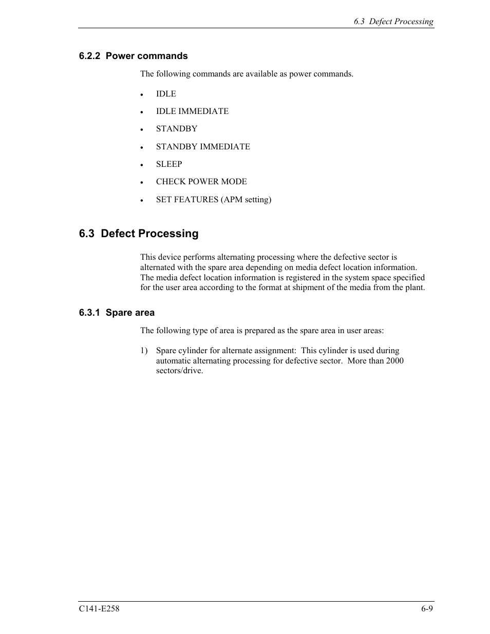 2 power commands, 3 defect processing, 1 spare area | FUJITSU MHW2060AC User Manual | Page 249 / 278