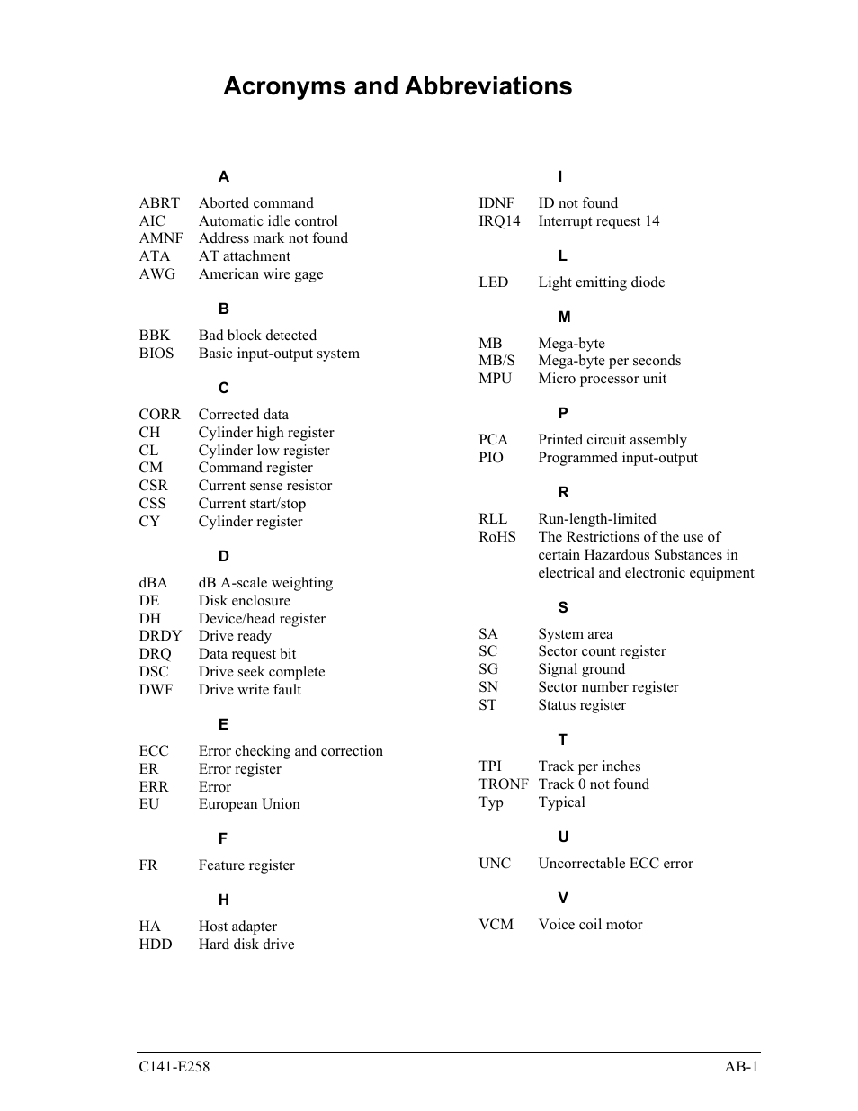 Acronyms and abbreviations | FUJITSU MHW2060AC User Manual | Page 265 / 278