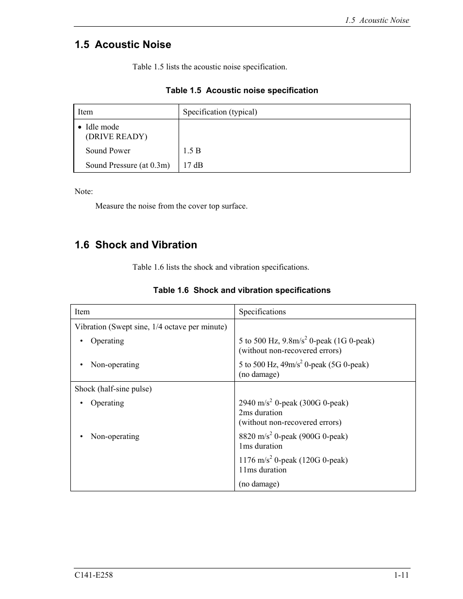 5 acoustic noise, 6 shock and vibration | FUJITSU MHW2060AC User Manual | Page 33 / 278