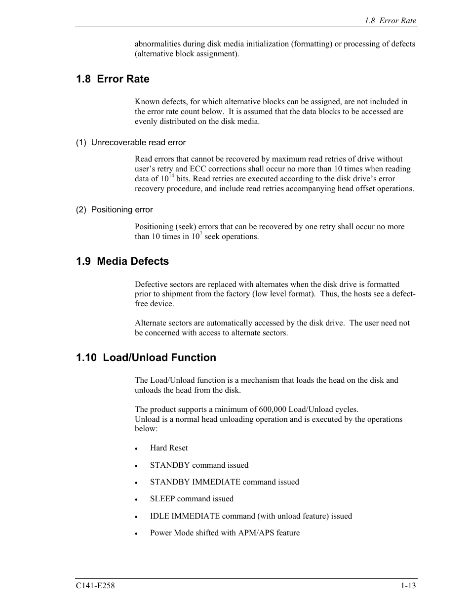 8 error rate, 9 media defects, 10 load/unload function | FUJITSU MHW2060AC User Manual | Page 35 / 278