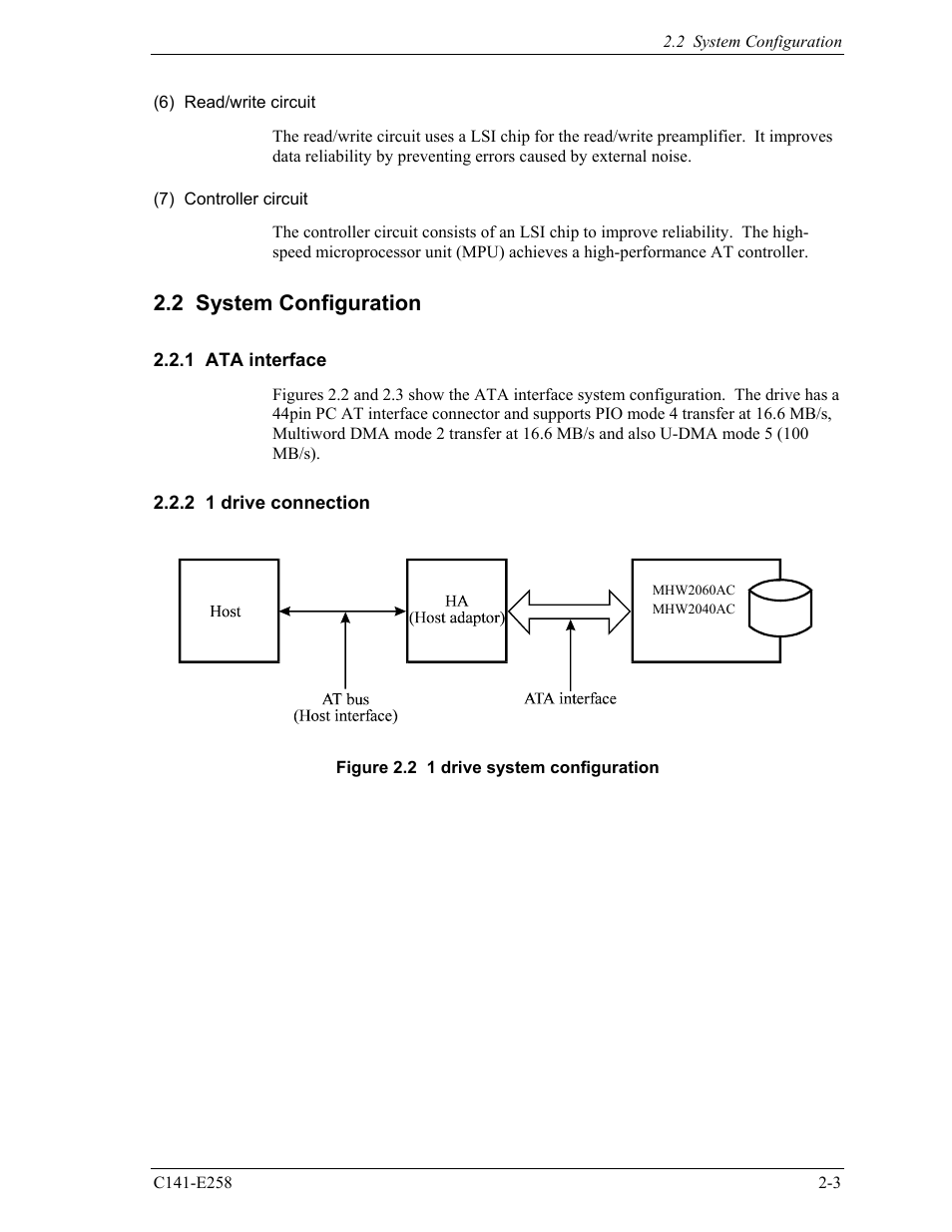 2 system configuration, 1 ata interface, 2 1 drive connection | FUJITSU MHW2060AC User Manual | Page 41 / 278