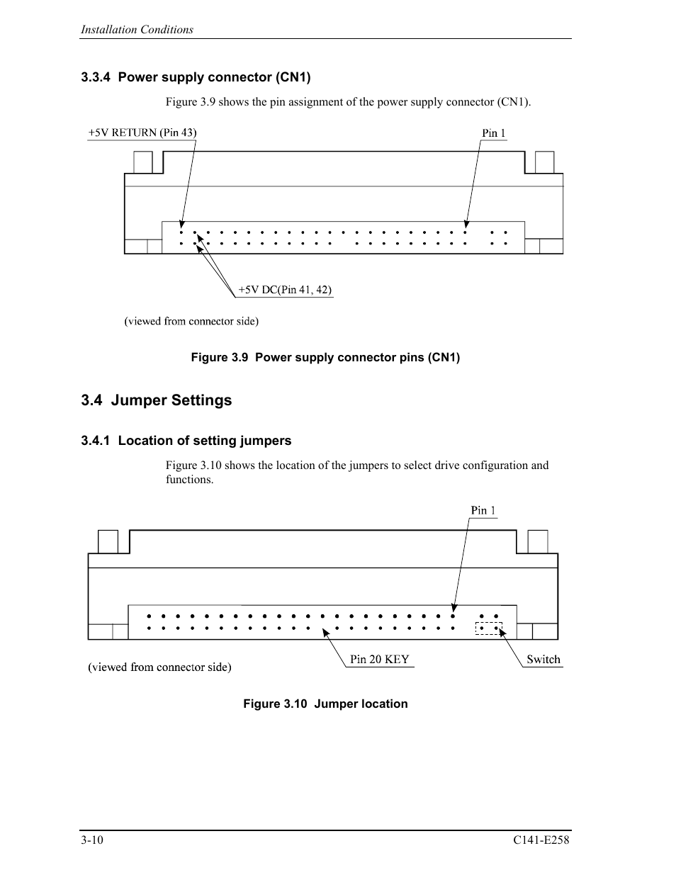 4 power supply connector (cn1), 4 jumper settings, 1 location of setting jumpers | FUJITSU MHW2060AC User Manual | Page 52 / 278