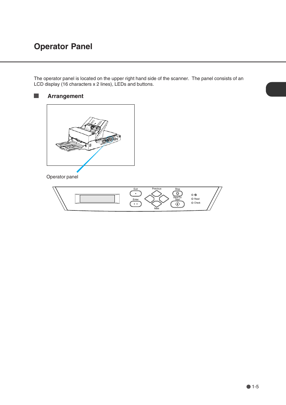 Operator panel, Operator panel -5, Arrangement | 5 operator panel | FUJITSU fi-4750L User Manual | Page 17 / 95