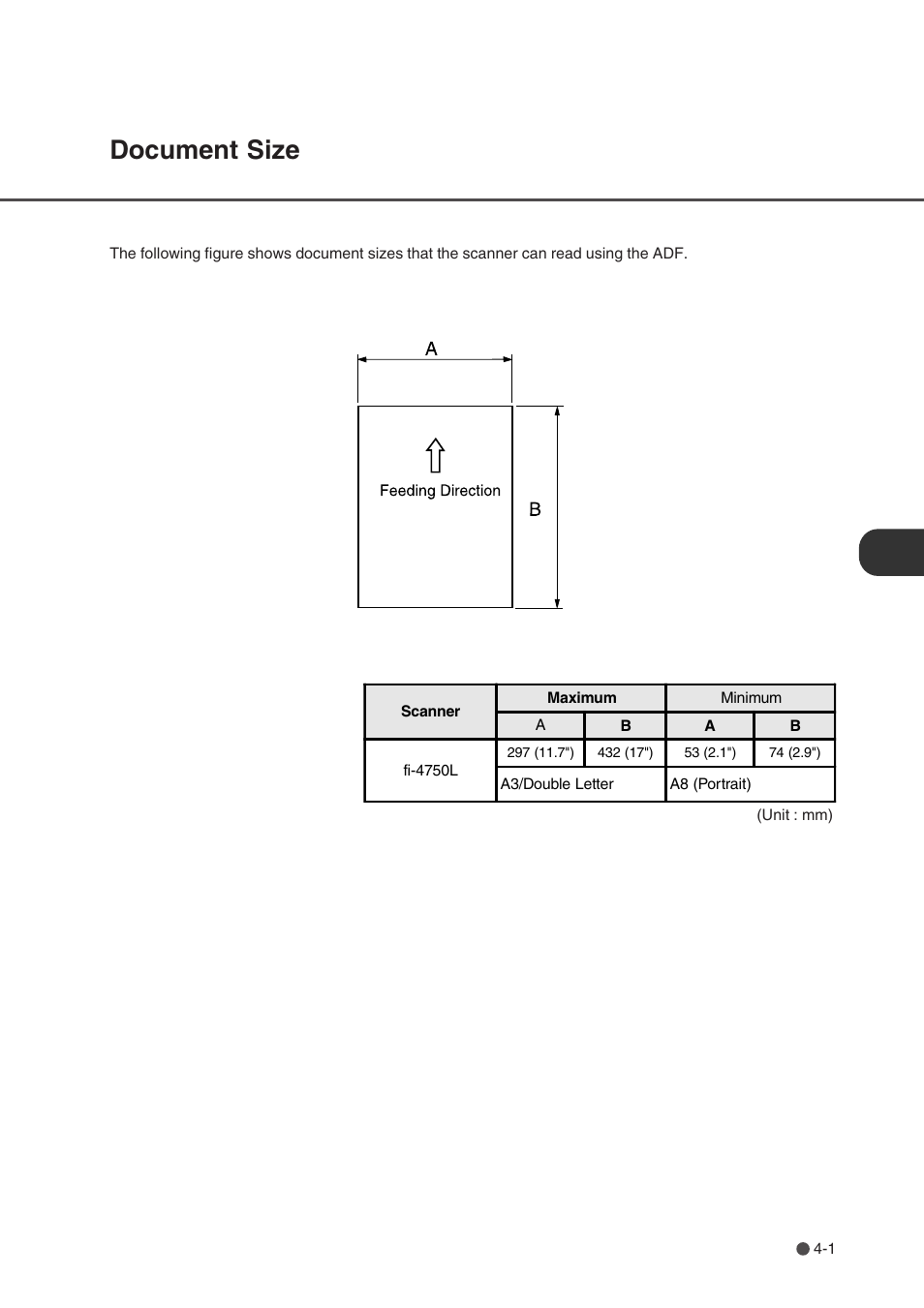 Document size, Document size -1 | FUJITSU fi-4750L User Manual | Page 46 / 95