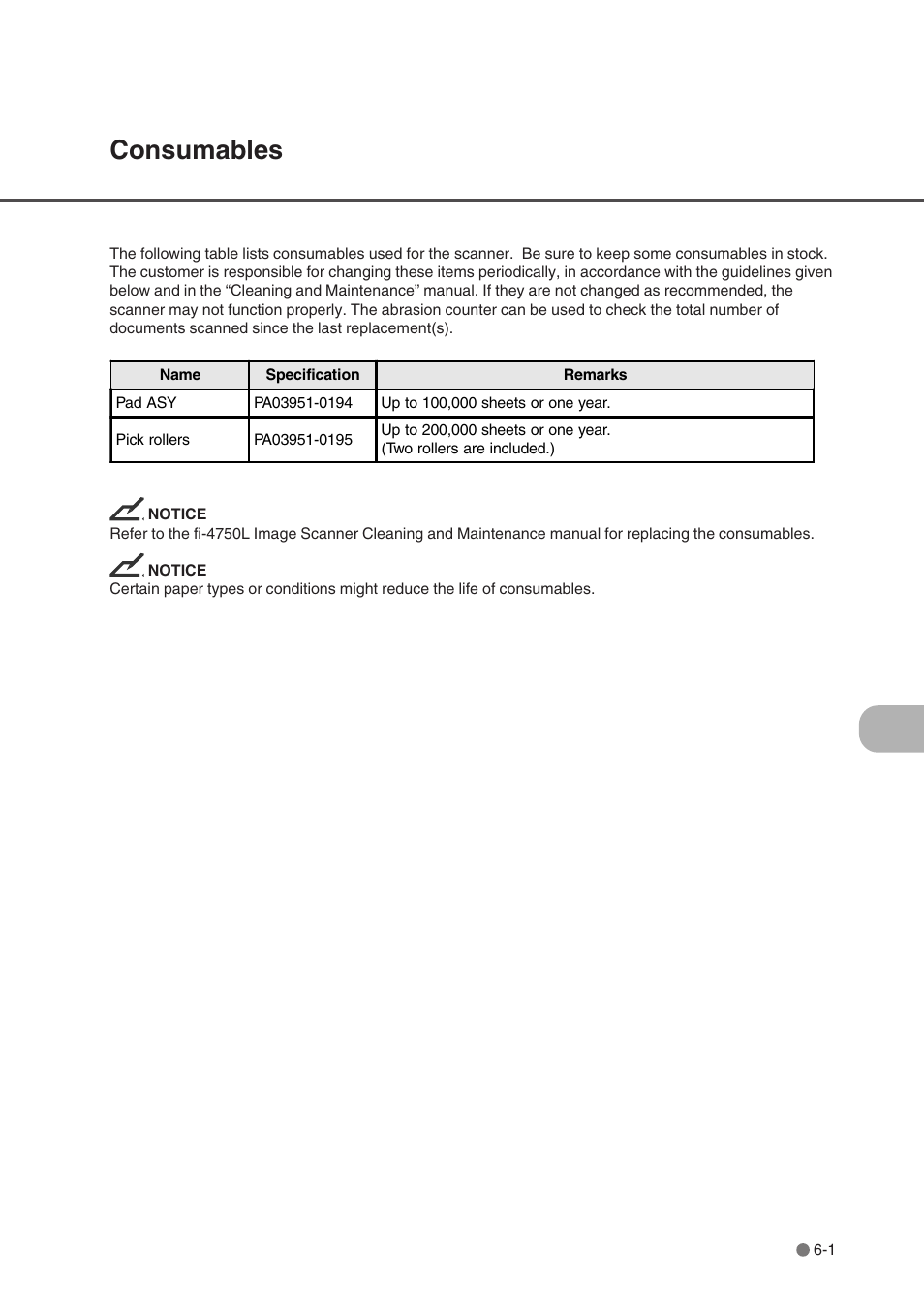 Consumables, Consumables -1 | FUJITSU fi-4750L User Manual | Page 60 / 95