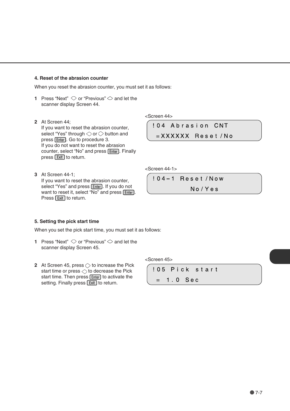 Reset of the abrasion counter, Setting the pick start time, Resetting of | Abrasion counter, Pick start time, Setting | FUJITSU fi-4750L User Manual | Page 75 / 95