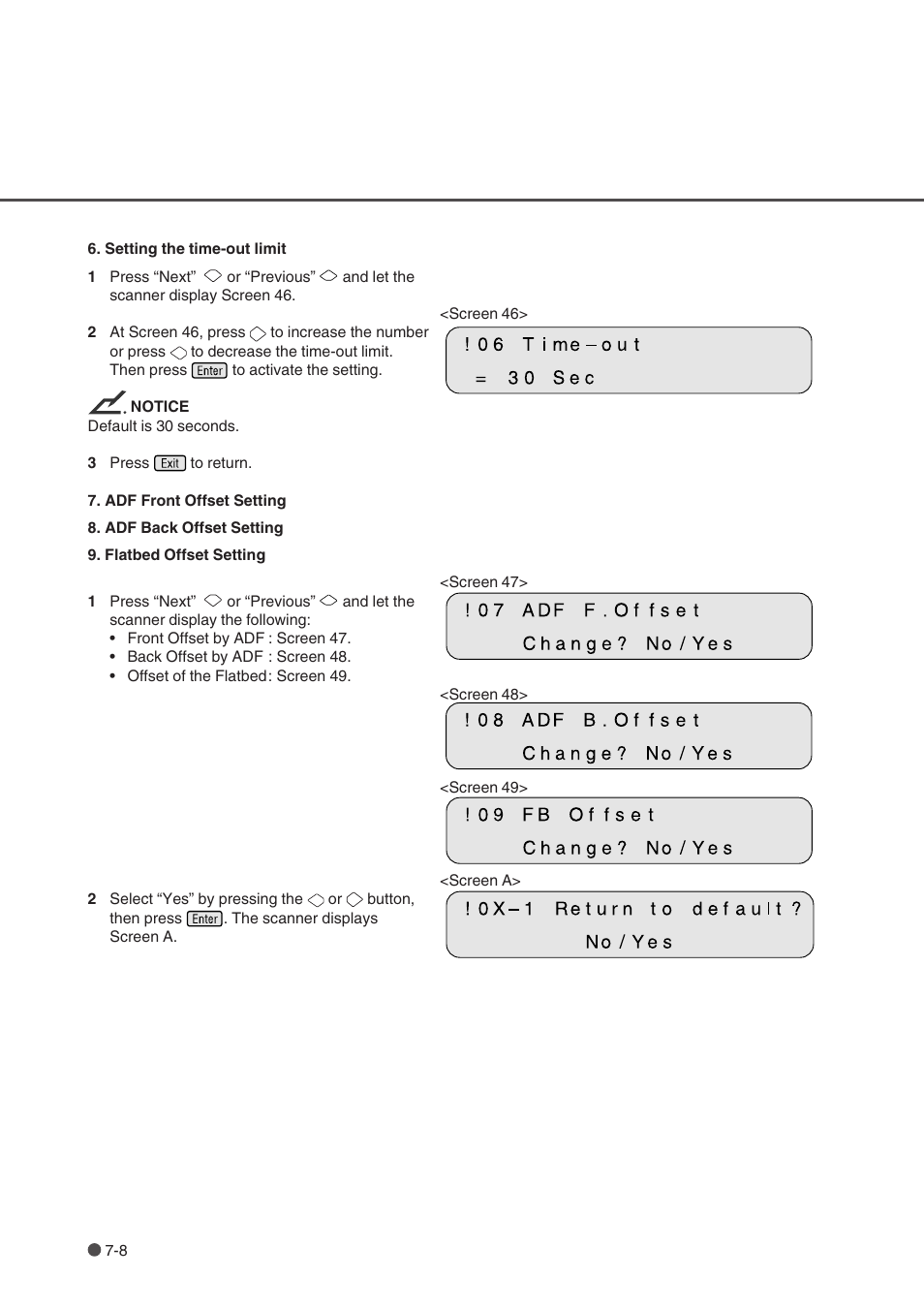 Setting the time-out limit, Adf front offset setting, Adf back offset setting | Flatbed offset setting, Time-out limit setting, Flatbed offset, Setting | FUJITSU fi-4750L User Manual | Page 76 / 95