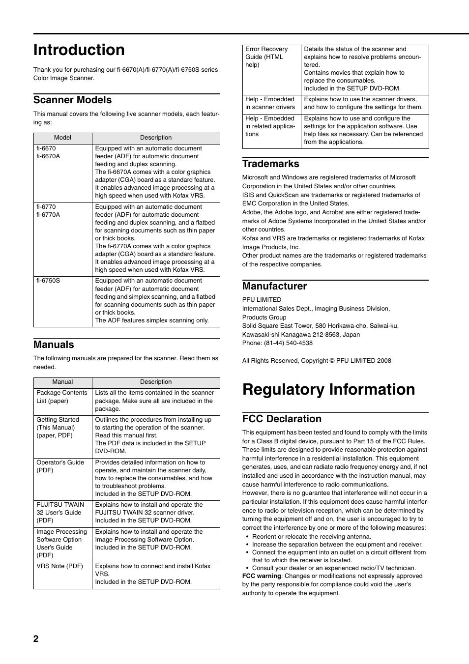 Introduction, Regulatory information, Scanner models | Manuals, Trademarks, Manufacturer, Fcc declaration | FUJITSU Image Scanner fi-6670(A) User Manual | Page 2 / 26