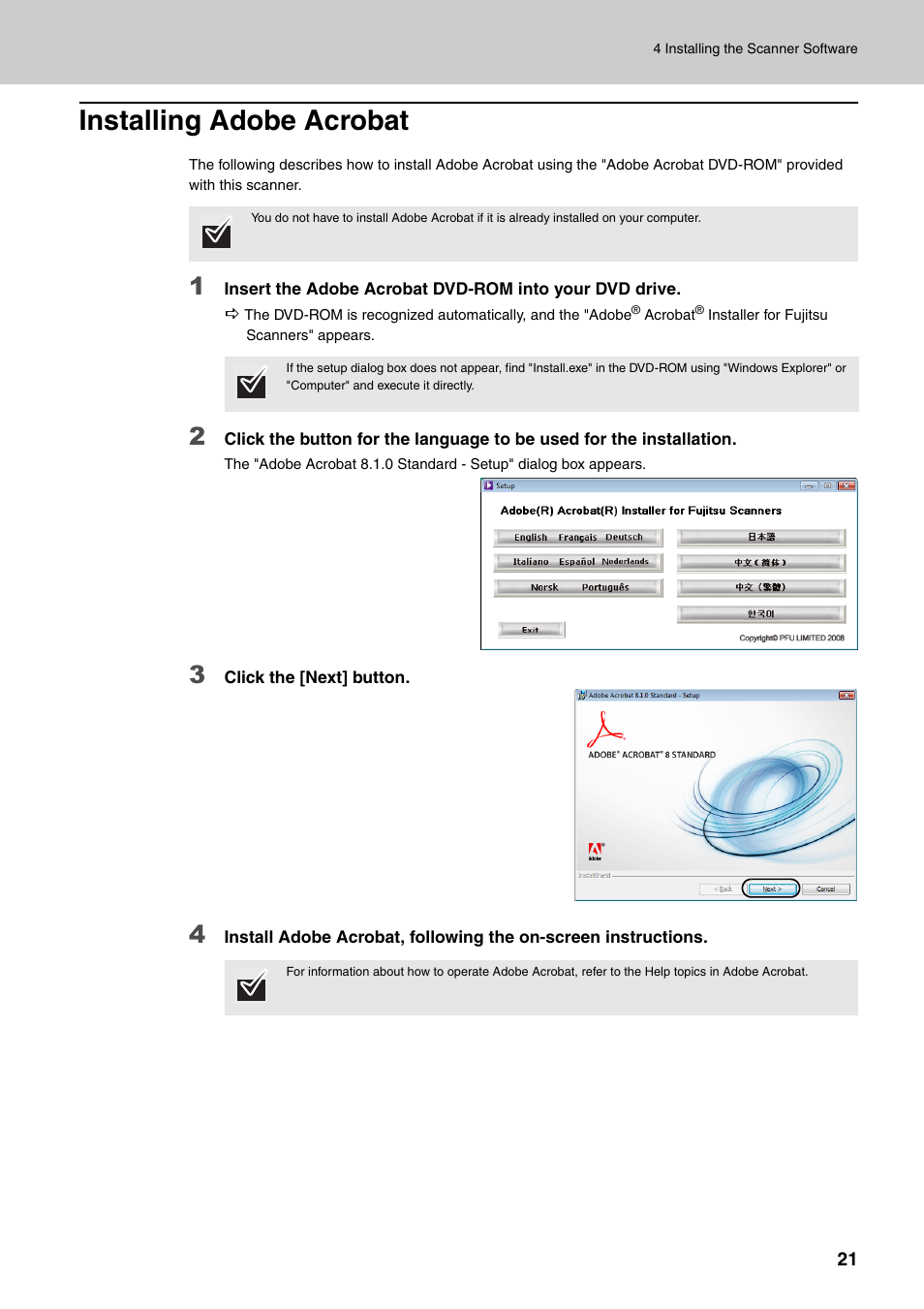 Installing adobe acrobat | FUJITSU Image Scanner fi-6670(A) User Manual | Page 21 / 26