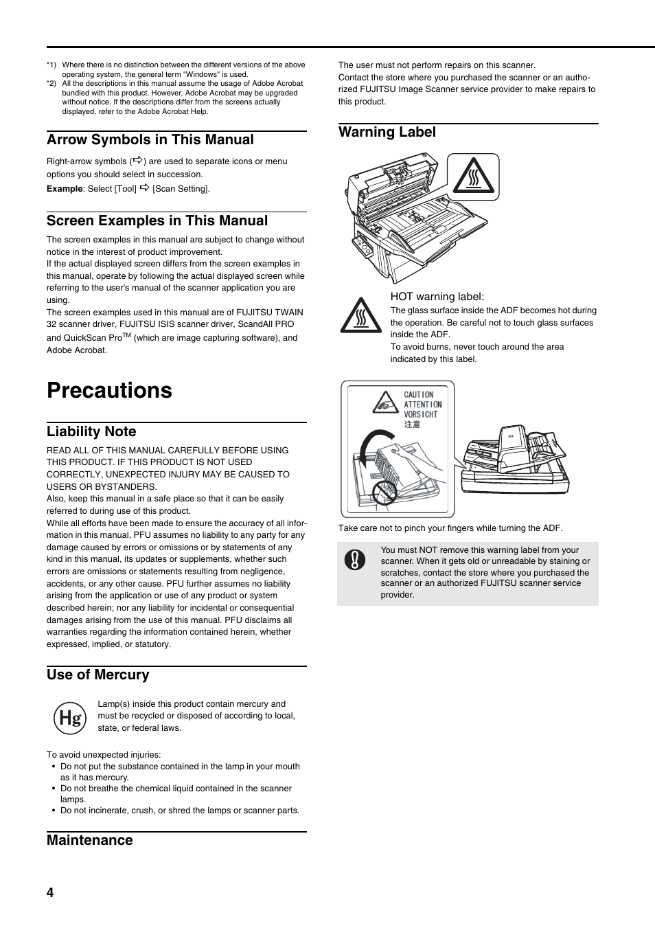 Precautions, Arrow symbols in this manual, Screen examples in this manual | Use of mercury, Maintenance, Warning label | FUJITSU Image Scanner fi-6670(A) User Manual | Page 4 / 26