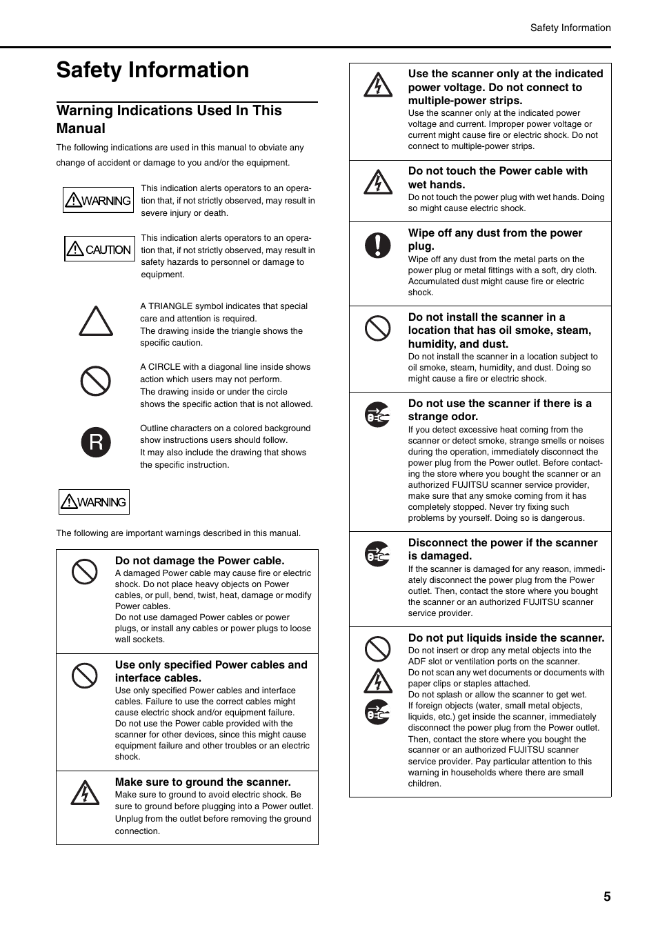 Safety information, Warning indications used in this manual | FUJITSU Image Scanner fi-6670(A) User Manual | Page 5 / 26