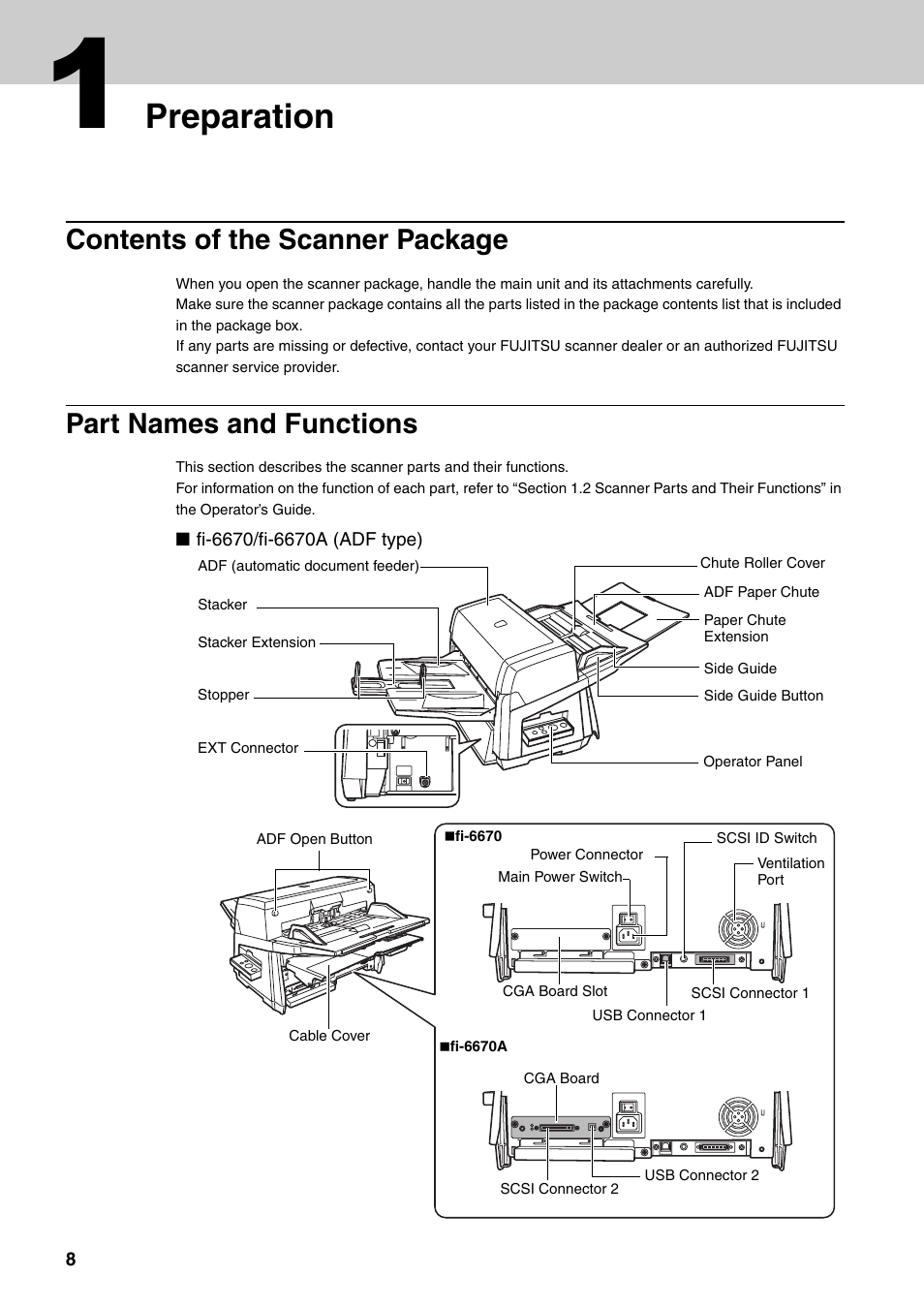 1 preparation, Preparation, Contents of the scanner package | Part names and functions | FUJITSU Image Scanner fi-6670(A) User Manual | Page 8 / 26