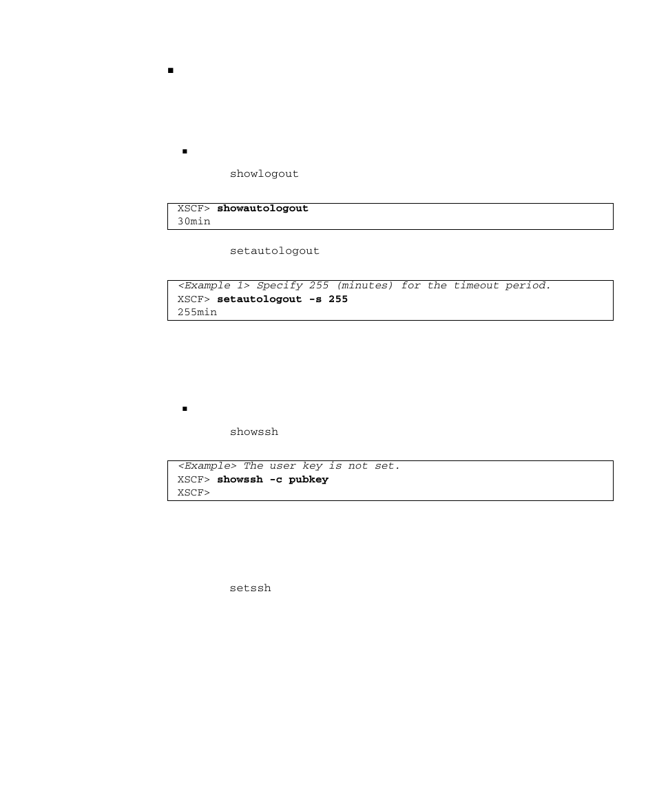 Specifying the timeout period of ssh/telnet, Installing and uninstalling an ssh user public key | FUJITSU SPARC M4000 User Manual | Page 109 / 376