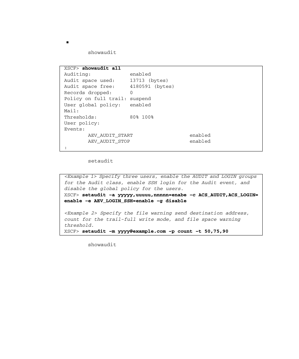 Specifying the audit policy | FUJITSU SPARC M4000 User Manual | Page 122 / 376