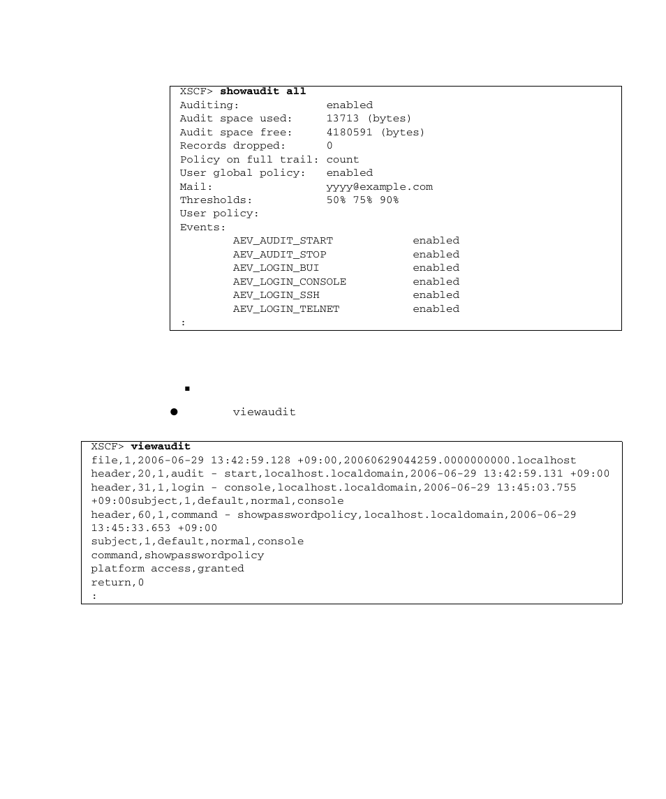 Displaying the audit logs | FUJITSU SPARC M4000 User Manual | Page 123 / 376