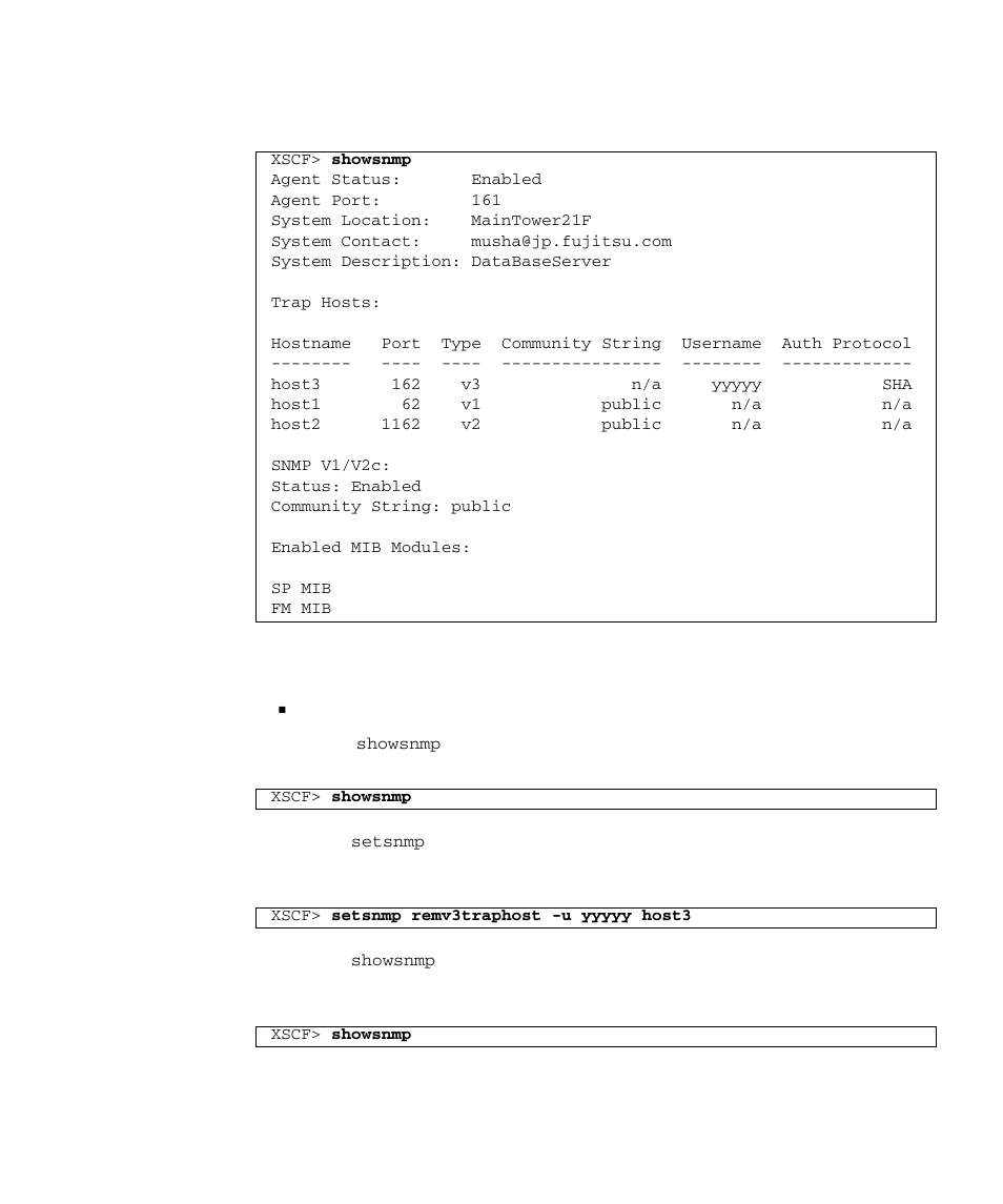 Disabling traps to the target host of snmpv3 | FUJITSU SPARC M4000 User Manual | Page 135 / 376