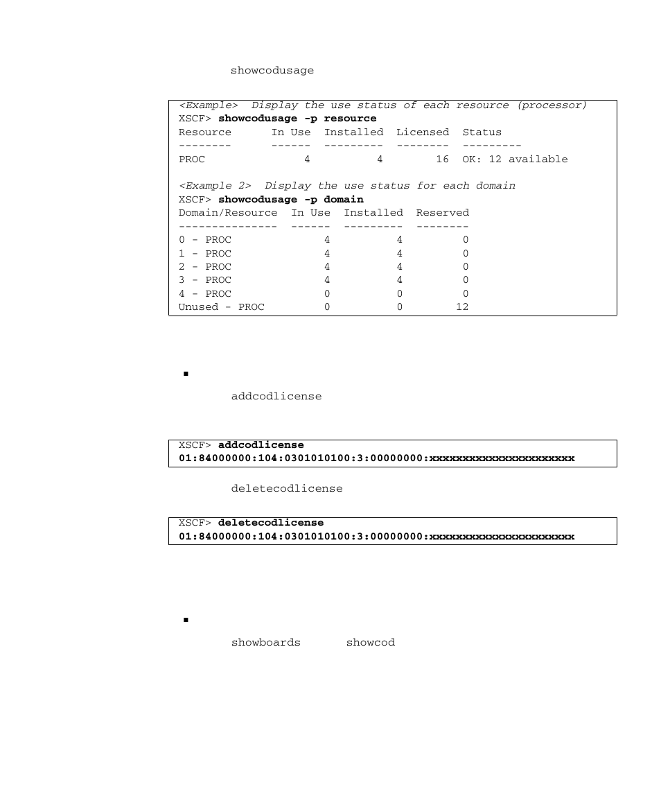 Adding and deleting cod license keys | FUJITSU SPARC M4000 User Manual | Page 189 / 376
