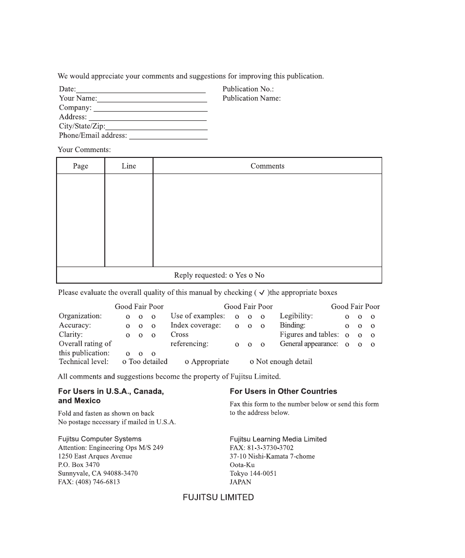 Reader's comment form, Reader's comment form xxx | FUJITSU SPARC M4000 User Manual | Page 32 / 376