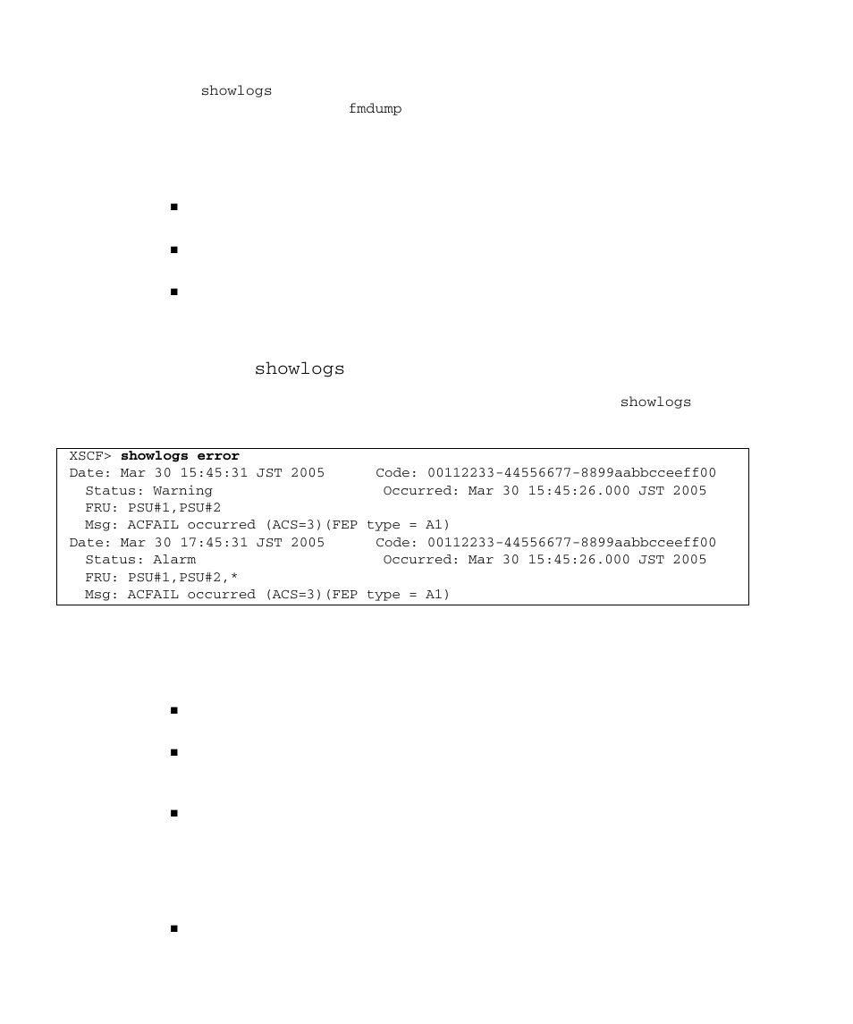 Using the showlogs (8) command to confirm a fault | FUJITSU SPARC M4000 User Manual | Page 328 / 376