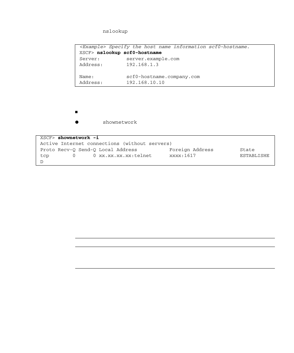 2 user account administration, User account administration 2–29, Table 2-3 | Section 2.2.2, “user account, Display xscf network connection status | FUJITSU SPARC M4000 User Manual | Page 85 / 376