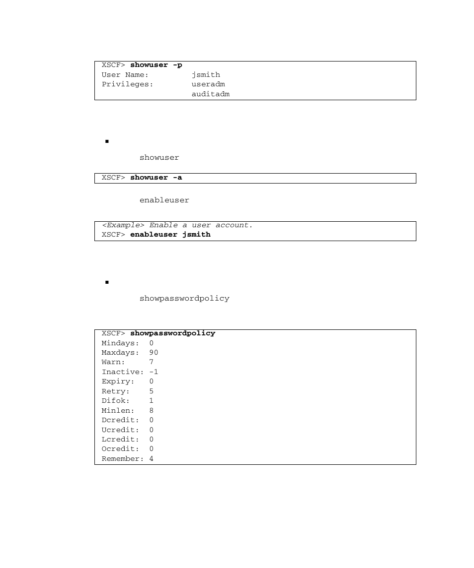 Enabling or disabling a user account, Specifying a password policy | FUJITSU SPARC M4000 User Manual | Page 90 / 376