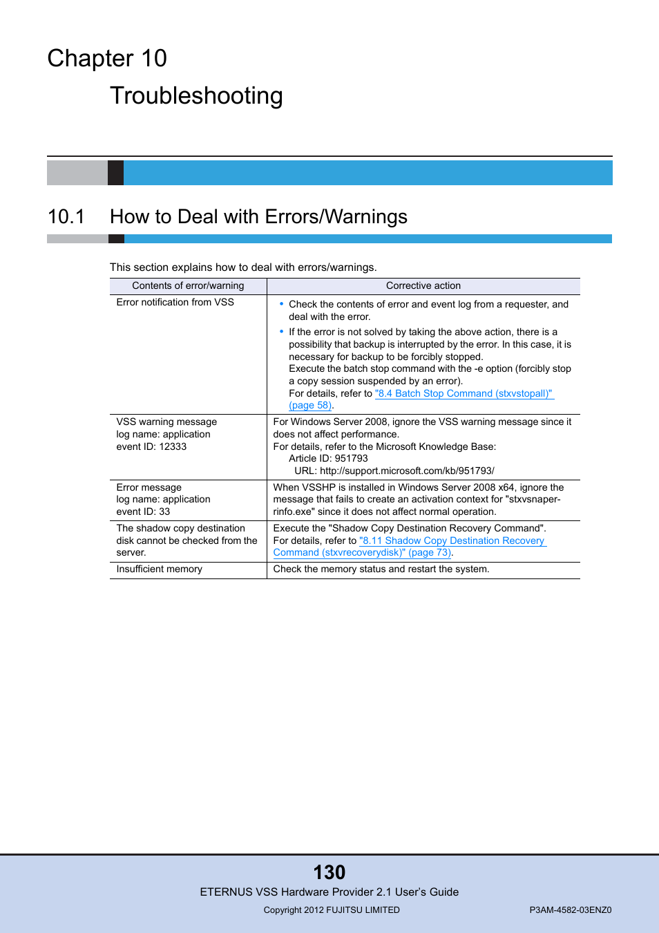 Chapter 10 troubleshooting, 1 how to deal with errors/warnings, How to deal with errors/warnings | FUJITSU VSS Hardware Provider 2.1 User Manual | Page 130 / 134