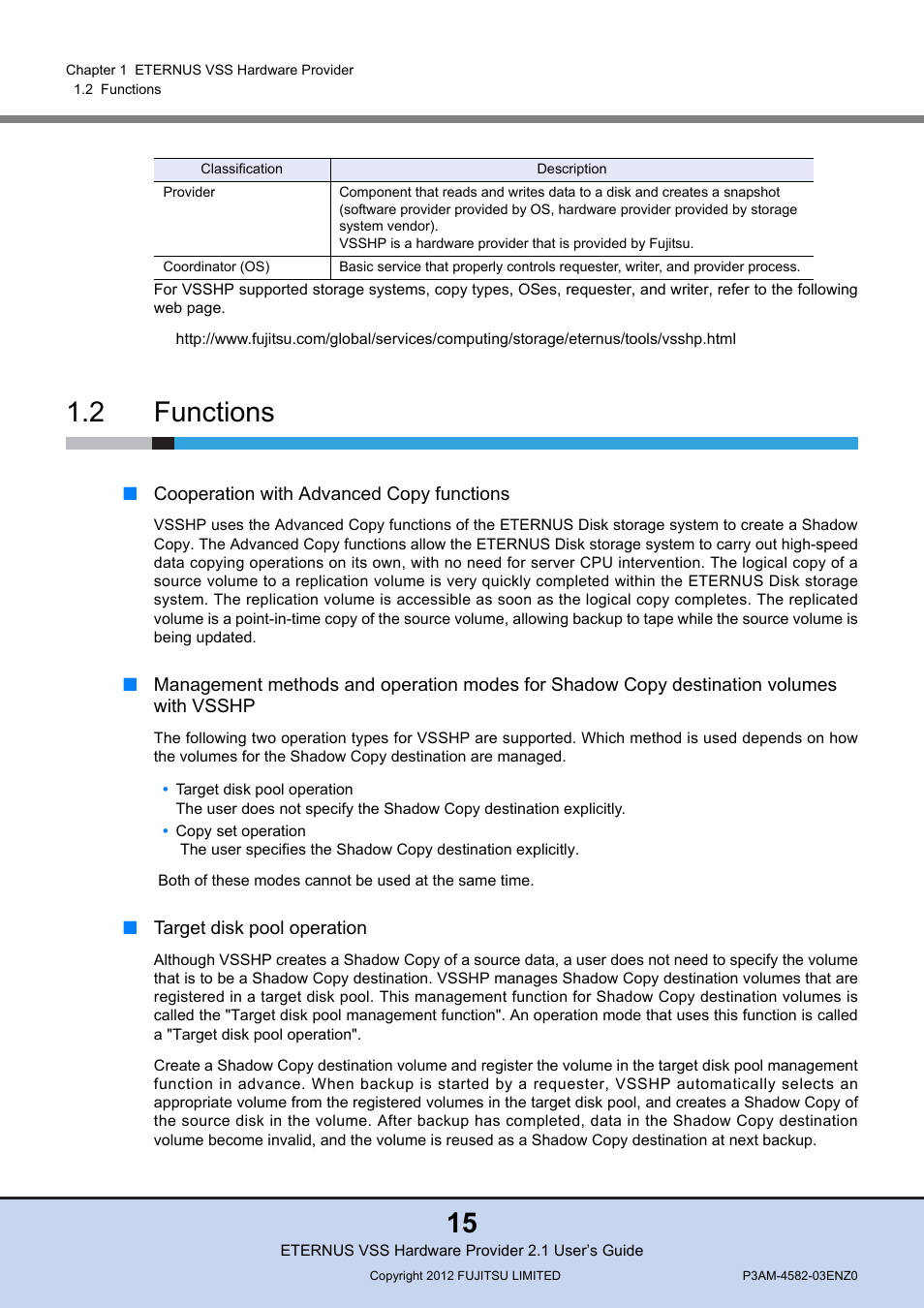 2 functions, Functions | FUJITSU VSS Hardware Provider 2.1 User Manual | Page 15 / 134