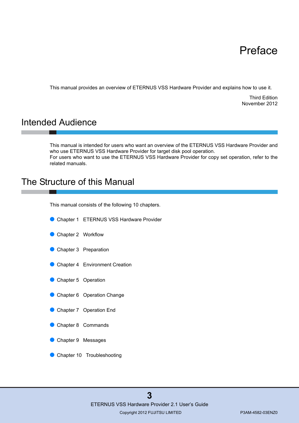 Preface, Intended audience, The structure of this manual | FUJITSU VSS Hardware Provider 2.1 User Manual | Page 3 / 134
