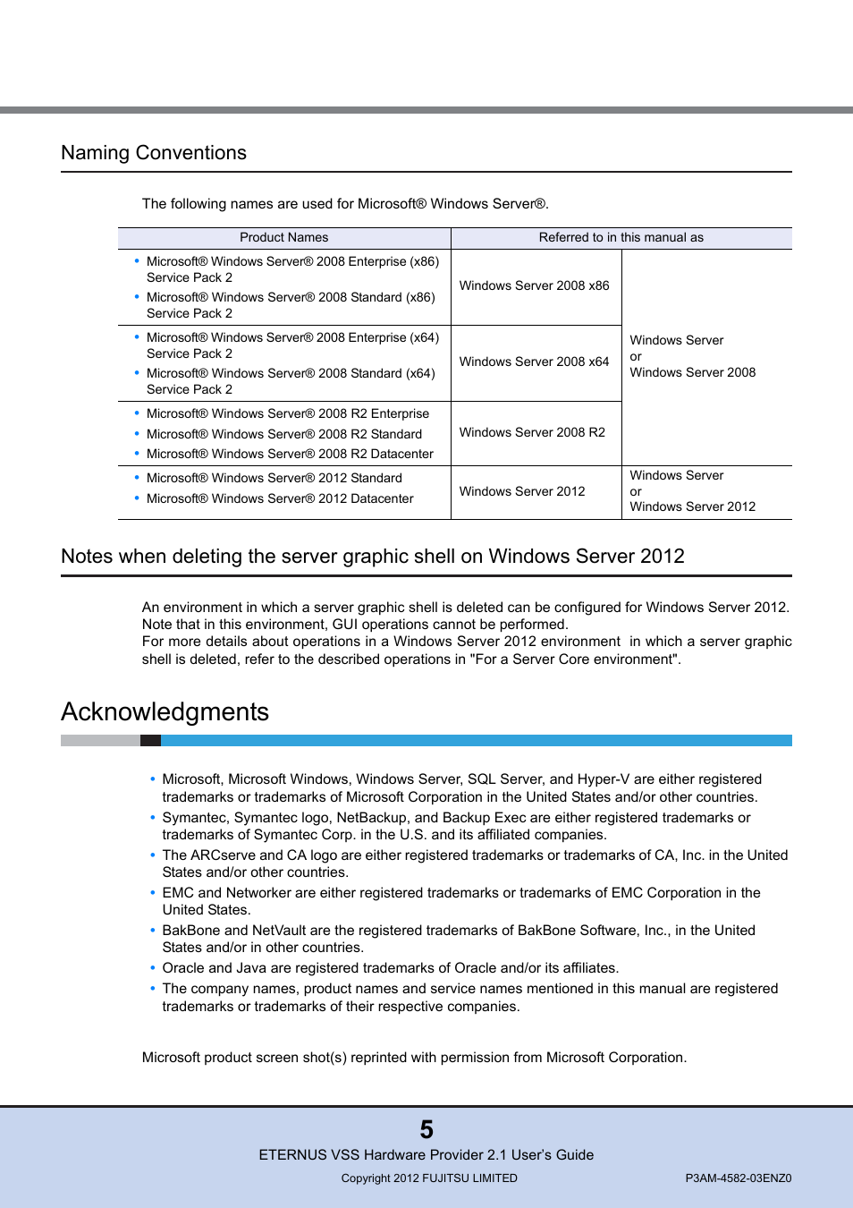 Acknowledgments, Naming conventions | FUJITSU VSS Hardware Provider 2.1 User Manual | Page 5 / 134