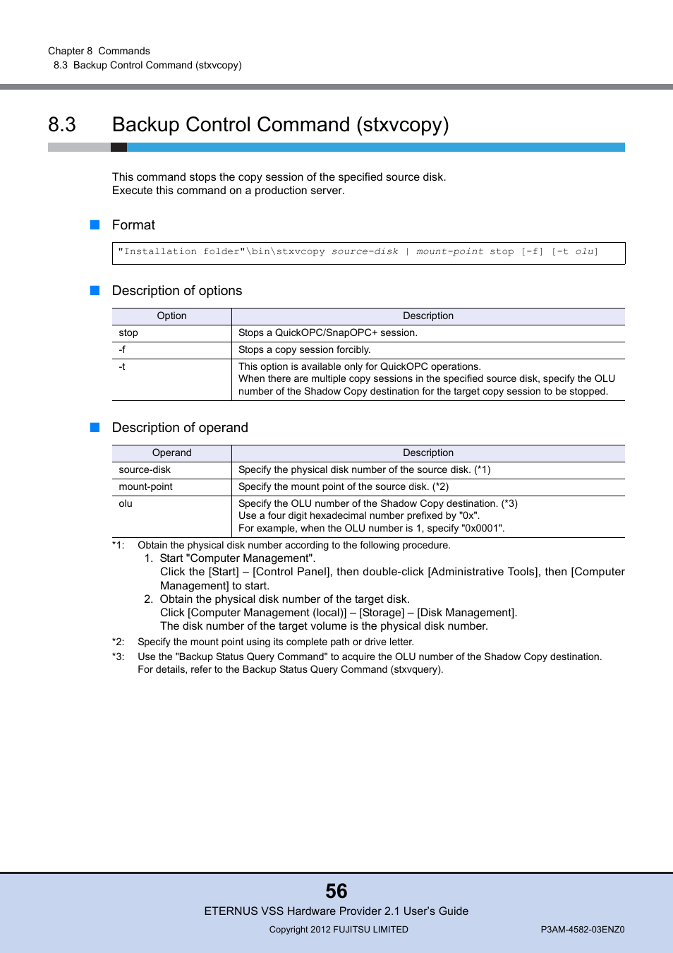 3 backup control command (stxvcopy), Backup control command (stxvcopy), 56 8.3 backup control command (stxvcopy) | FUJITSU VSS Hardware Provider 2.1 User Manual | Page 56 / 134