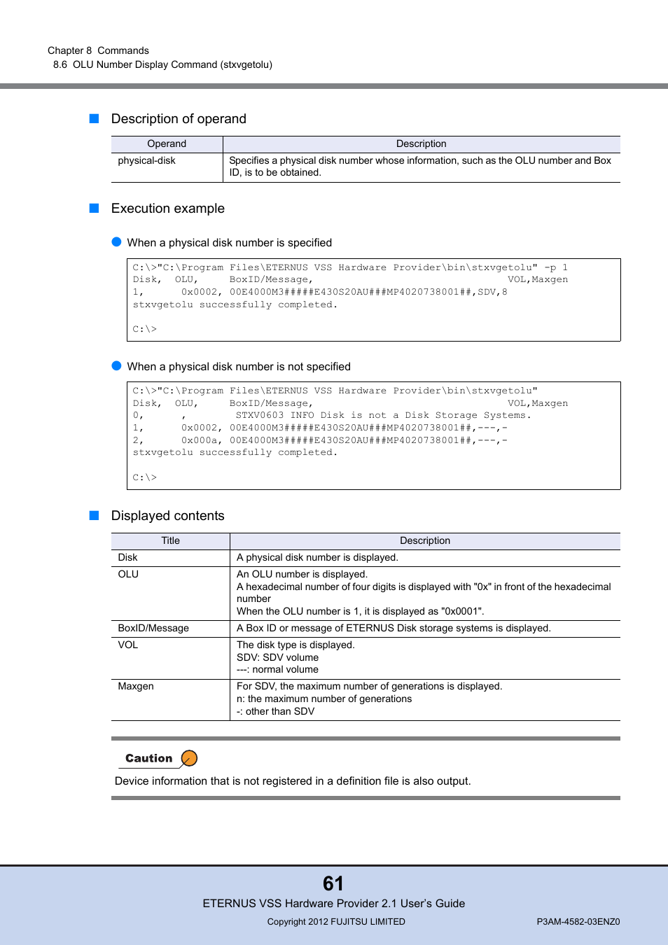 Description of operand ■ execution example, Displayed contents | FUJITSU VSS Hardware Provider 2.1 User Manual | Page 61 / 134