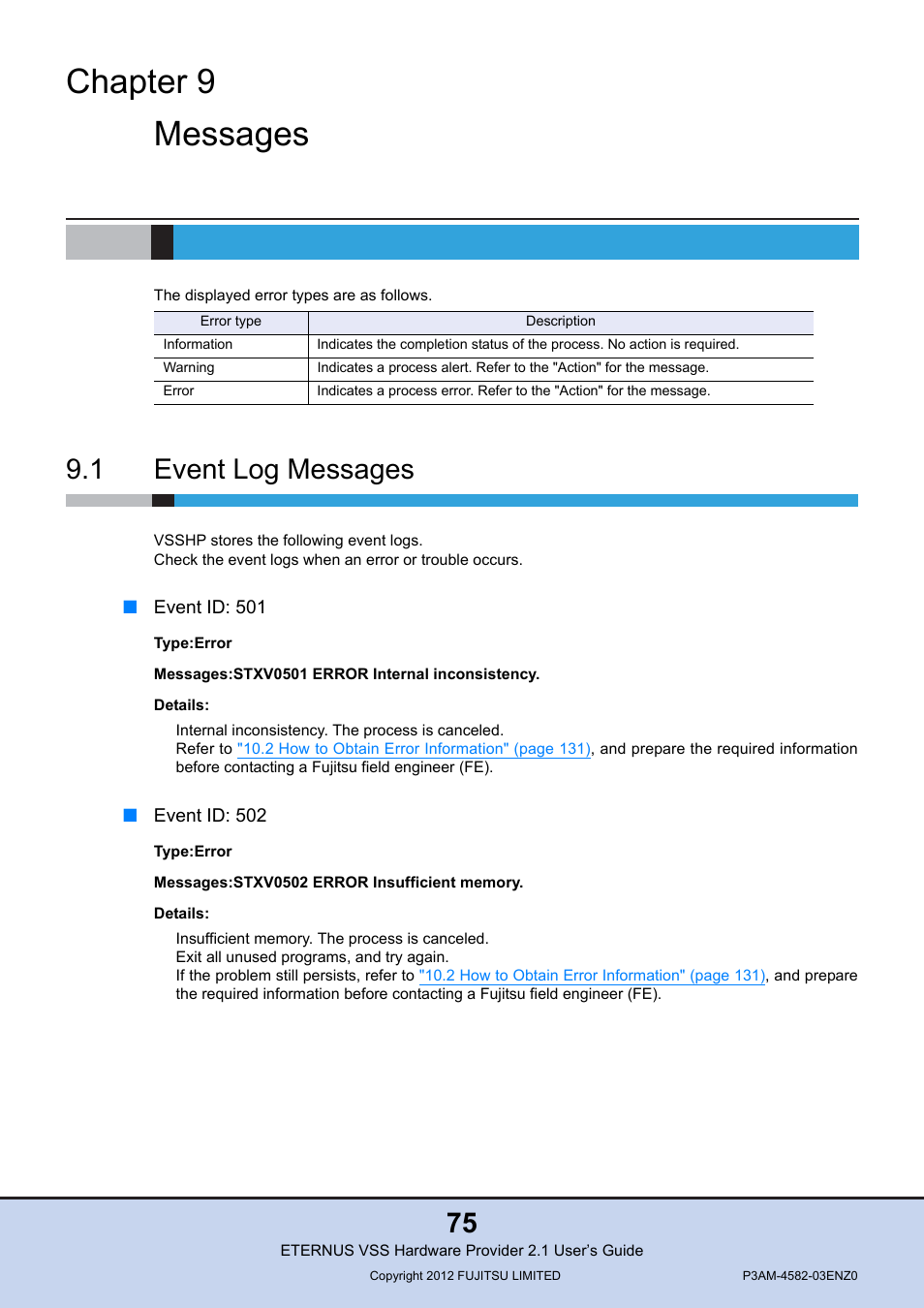 Chapter 9 messages, 1 event log messages, Chapter 9 | Messages, Event log messages | FUJITSU VSS Hardware Provider 2.1 User Manual | Page 75 / 134
